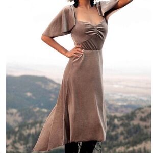 Velvet Midi Dress in Taupe with Flutter Sleeves